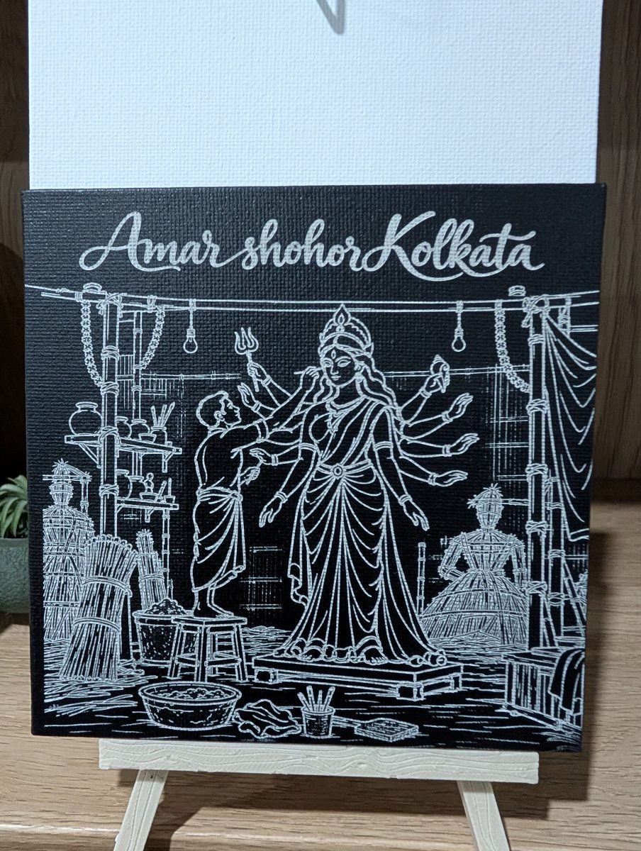 Amar Shohor Kolkata – Durga Pooja 5x5 inch laser-engraved canvas, displayed on a small easel