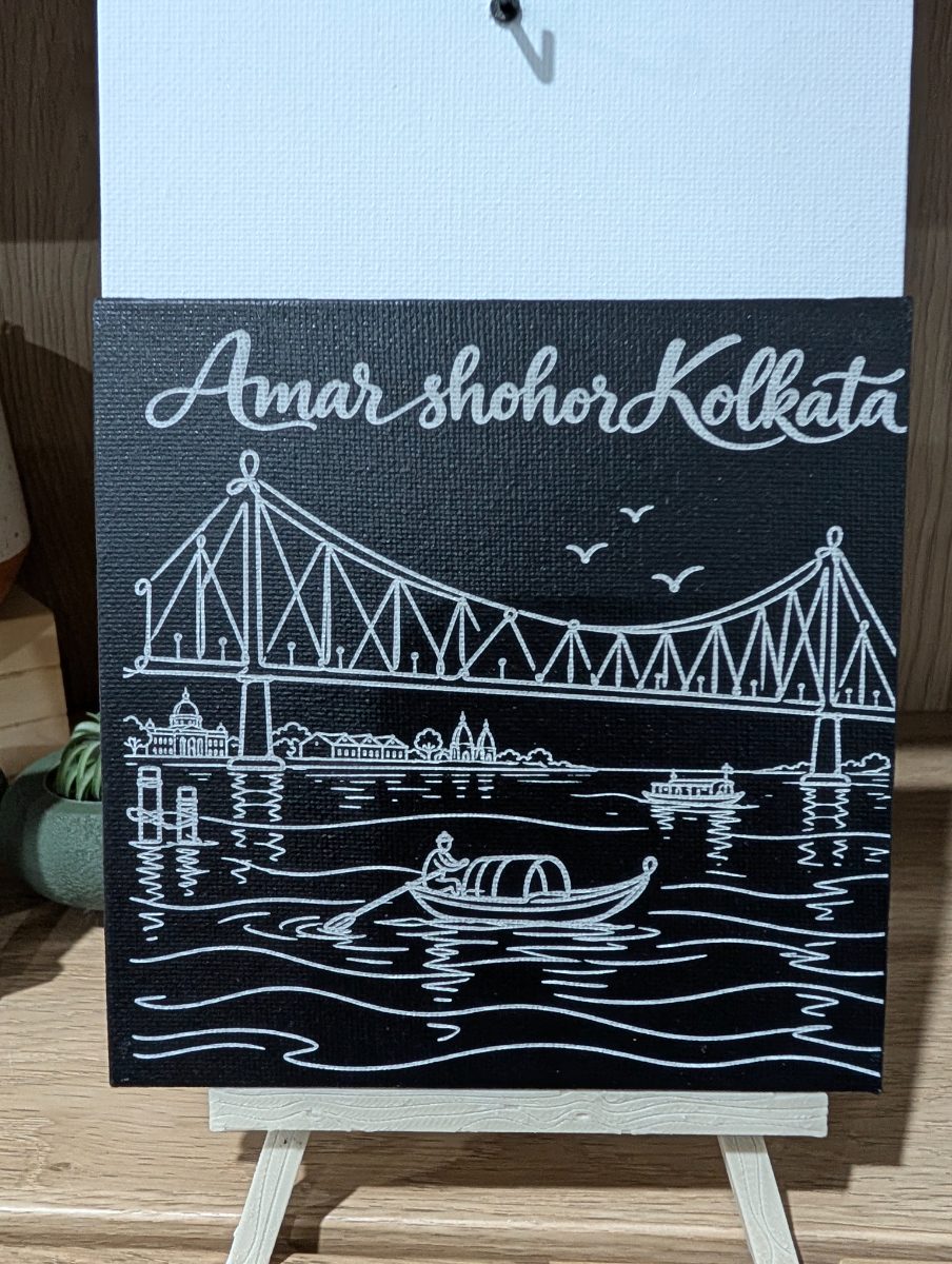 Amar Shohor Kolkata – Howrah Bridge 5x5 inch laser-engraved canvas, displayed on a small easel