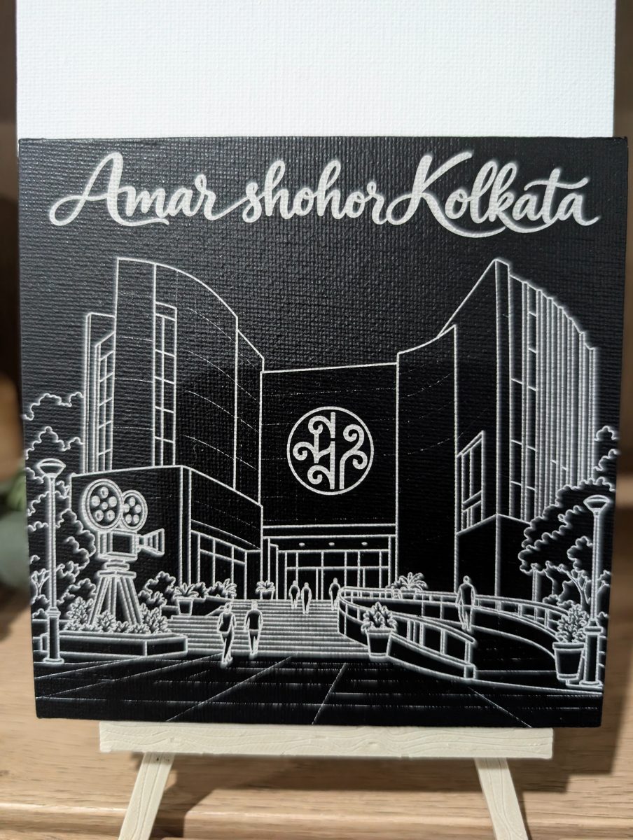 Amar Shohor Kolkata – Nandan Edition 5x5 inch laser-engraved canvas, displayed on a small easel