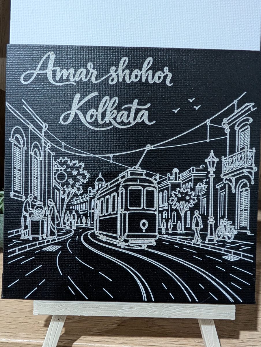 Amar Shohor Kolkata – Tram Edition 5x5 inch laser-engraved canvas, displayed on a small easel