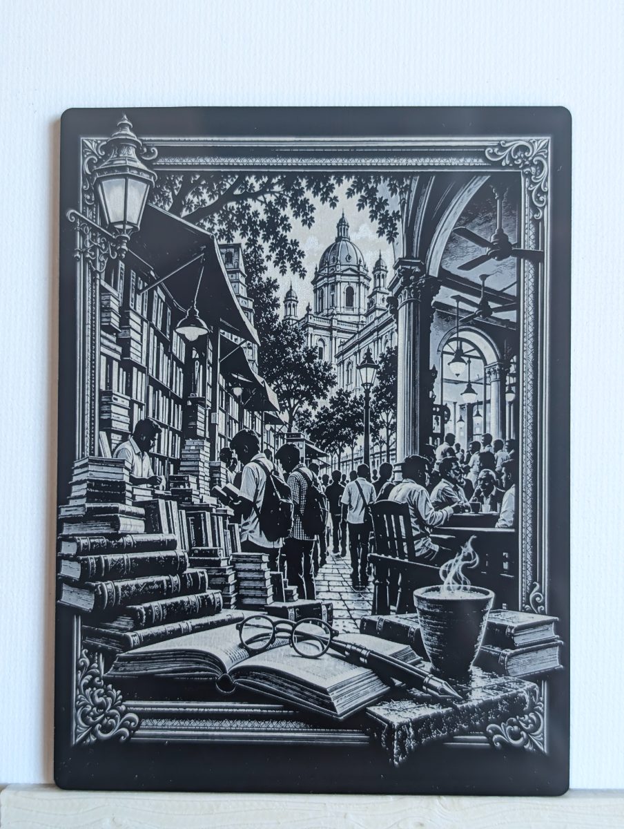 College Street black acrylic engraved magnet on a small easel