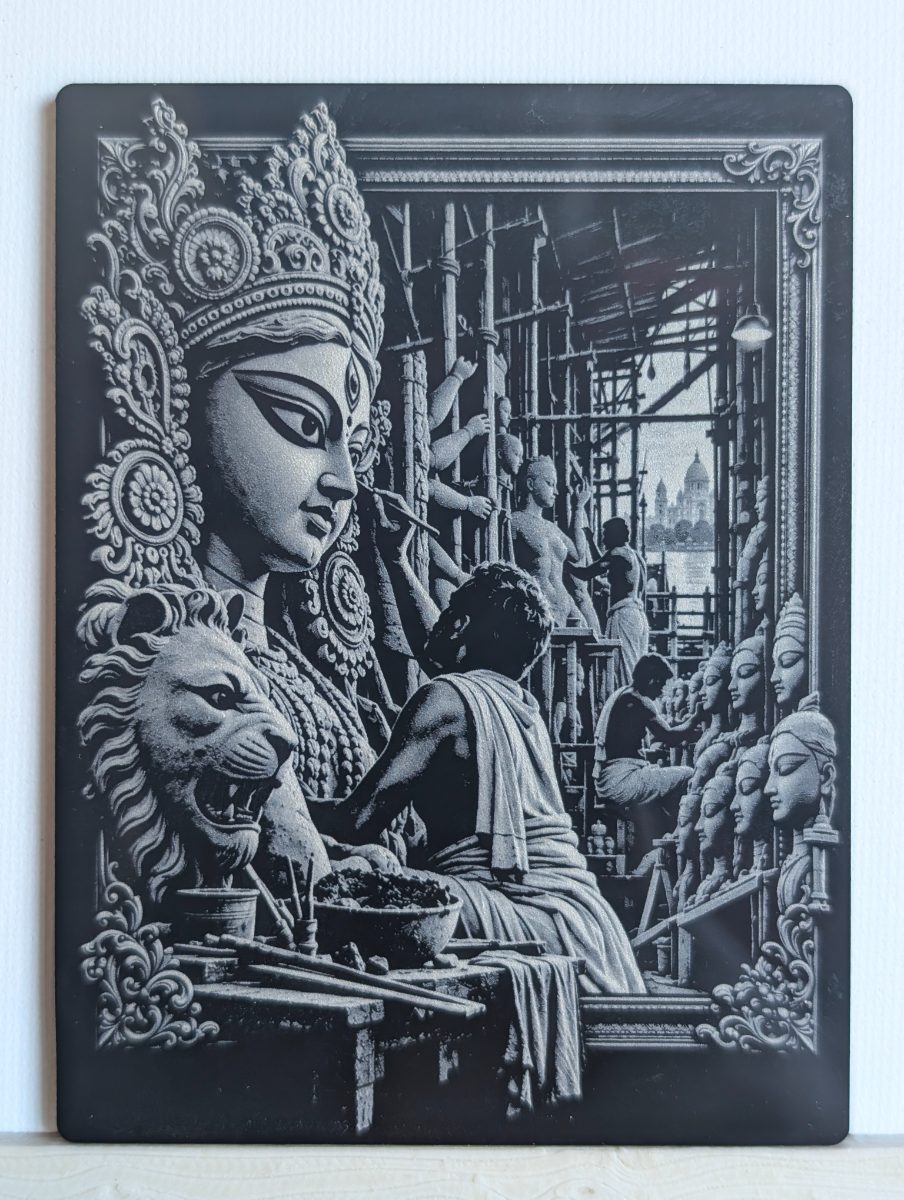 Kumartuli black acrylic engraved magnet on a small easel