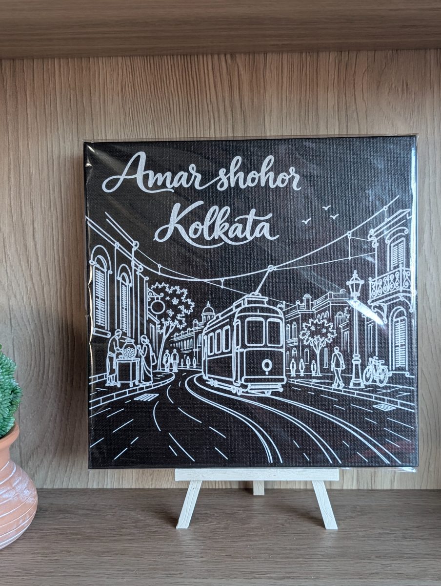 Kolkata Tram 8x8 inch laser-engraved Kolkata canvas on a small easel