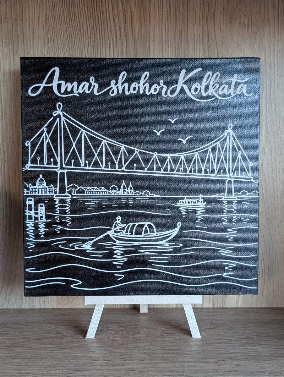 Howrah Bridge 8x8 inch laser-engraved Kolkata canvas on a small easel