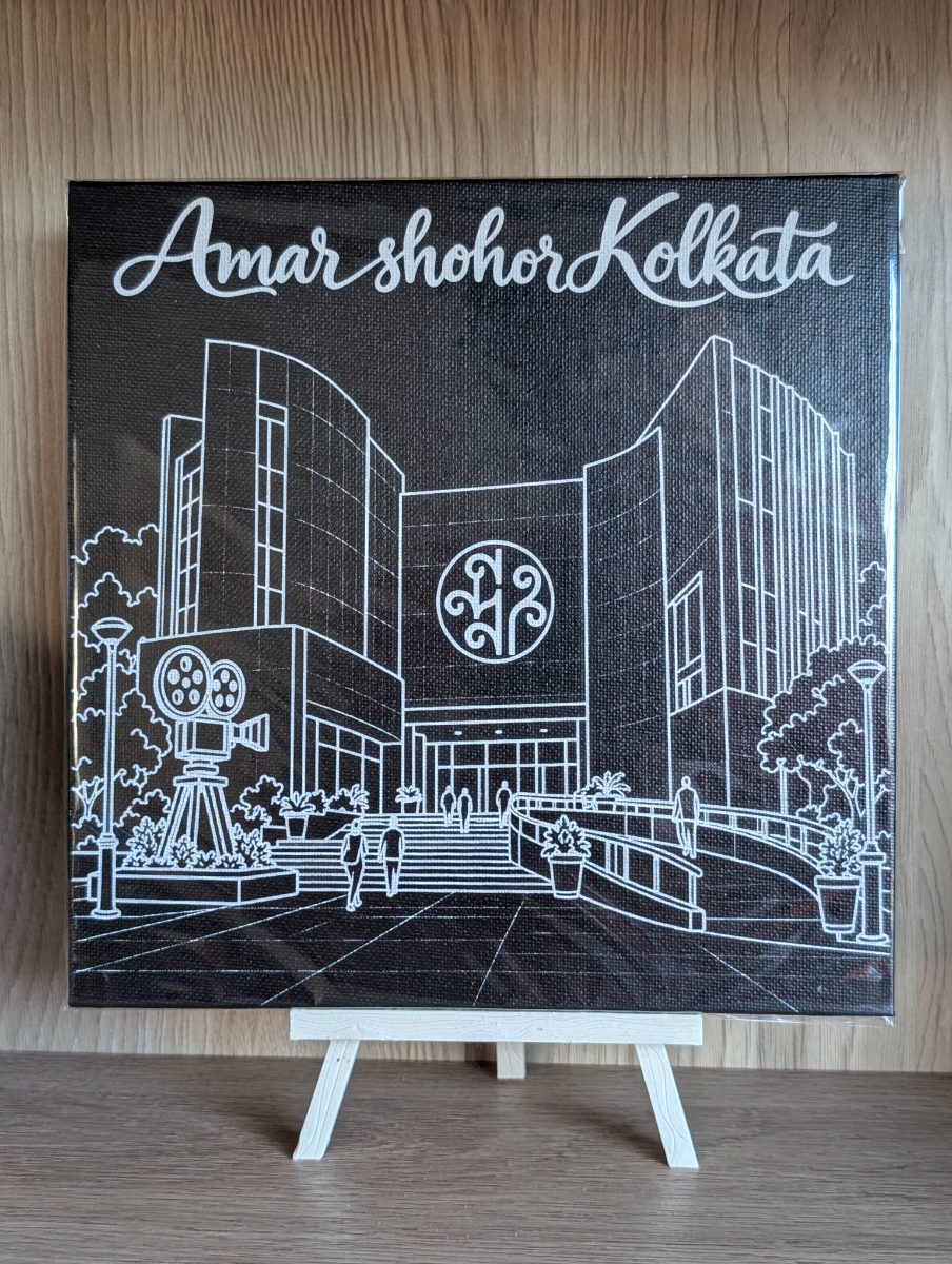 Nandan 8x8 inch laser-engraved Kolkata canvas on a small easel