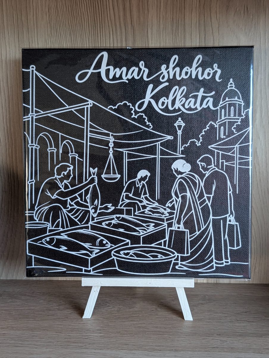 Fish Market 8x8 inch laser-engraved Kolkata canvas on a small easel