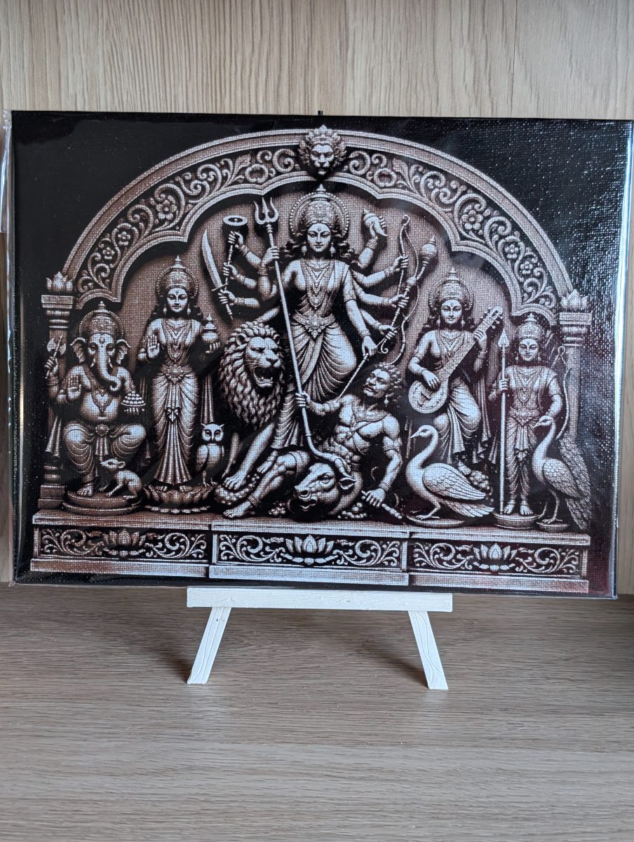 Ek Chala Durga copper gradient 7x9 inch laser-engraved canvas on a small easel
