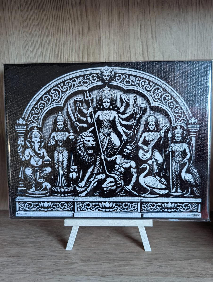 Ek Chala Durga black & white 7x9 inch laser-engraved canvas on a small easel