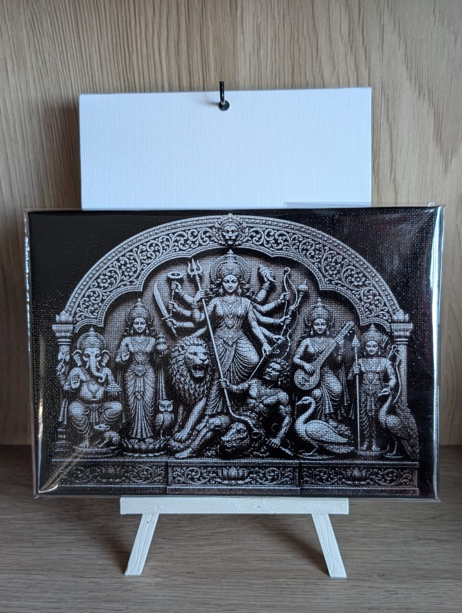 Ek Chala Durga black & white 5x7 inch laser-engraved canvas on a small easel