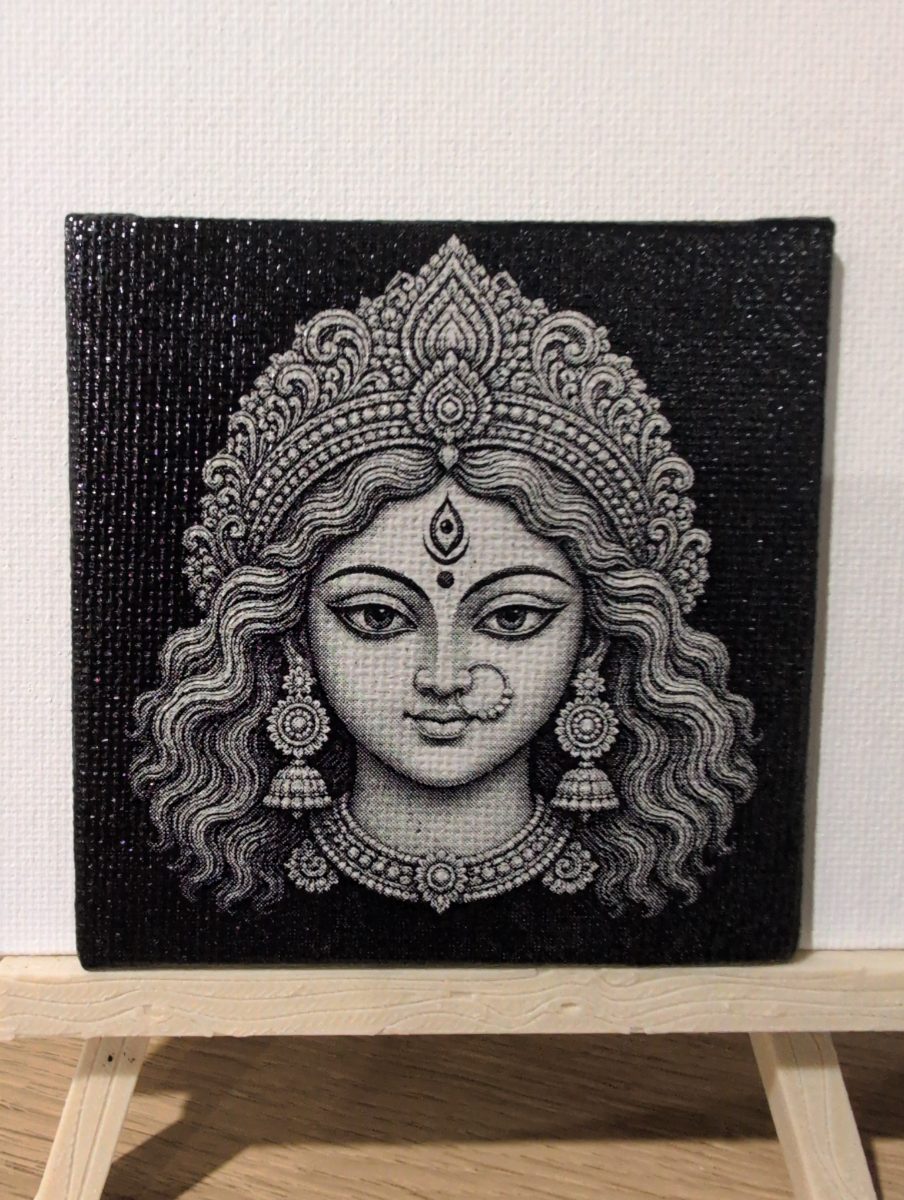 Durga Front Face 3x3 inch laser-engraved canvas on a small easel