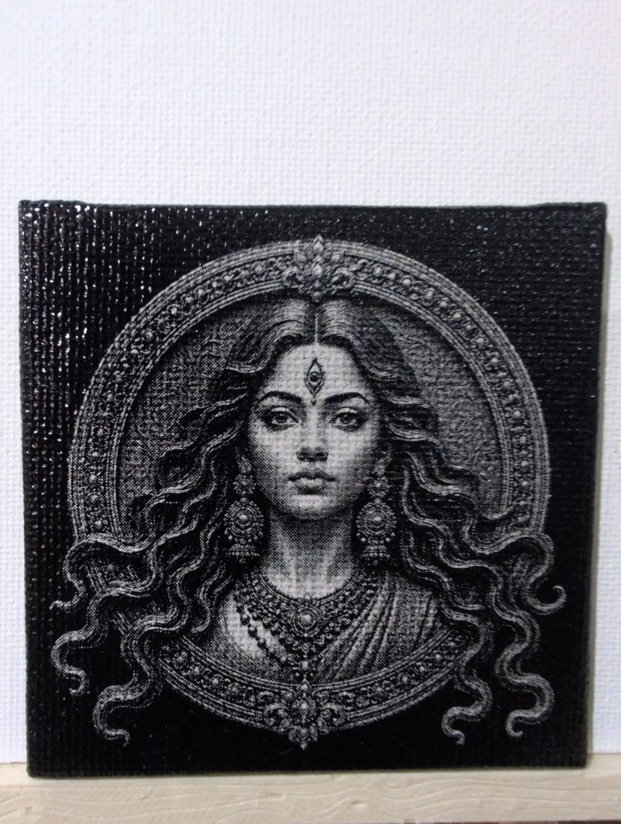 Durga Front Face – Modern 3x3 inch laser-engraved canvas, original photo