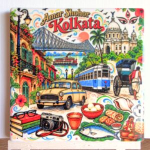 Amar Shohor Kolkata ceramic coaster by Ayantika Sen, YldKat Studios