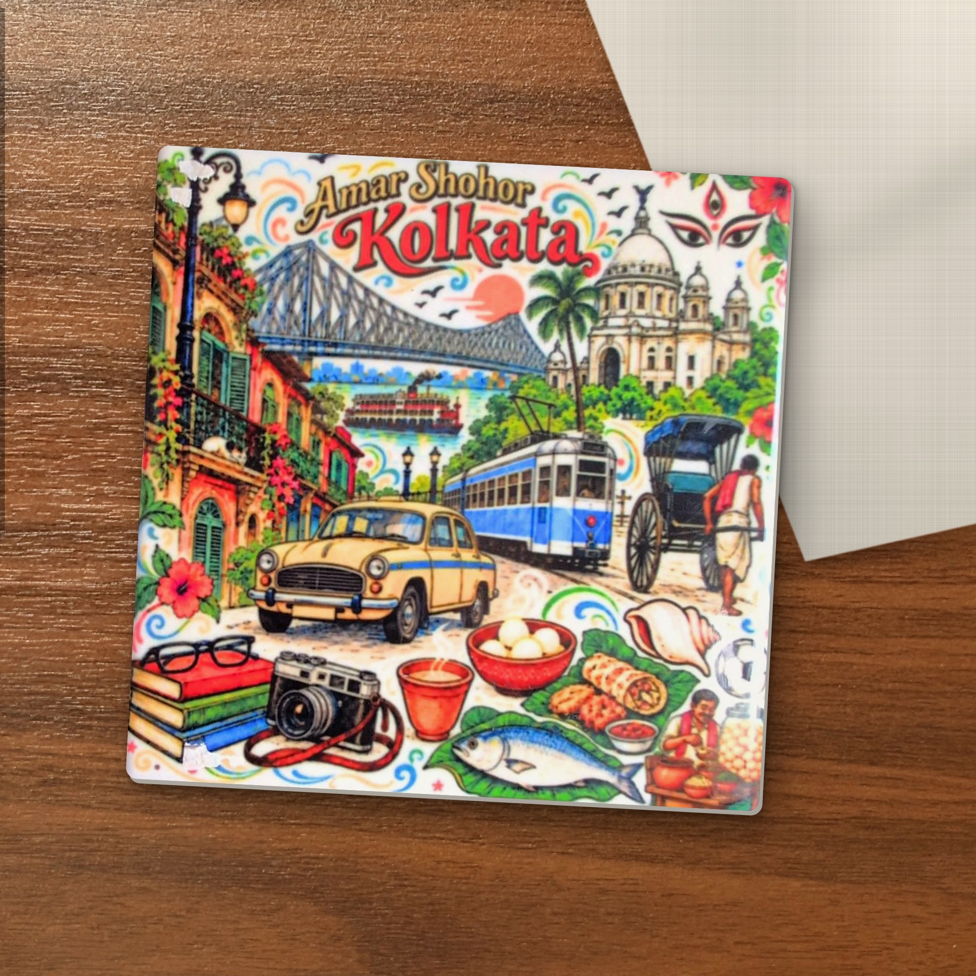 Amar Shohor Kolkata coaster on a wooden table