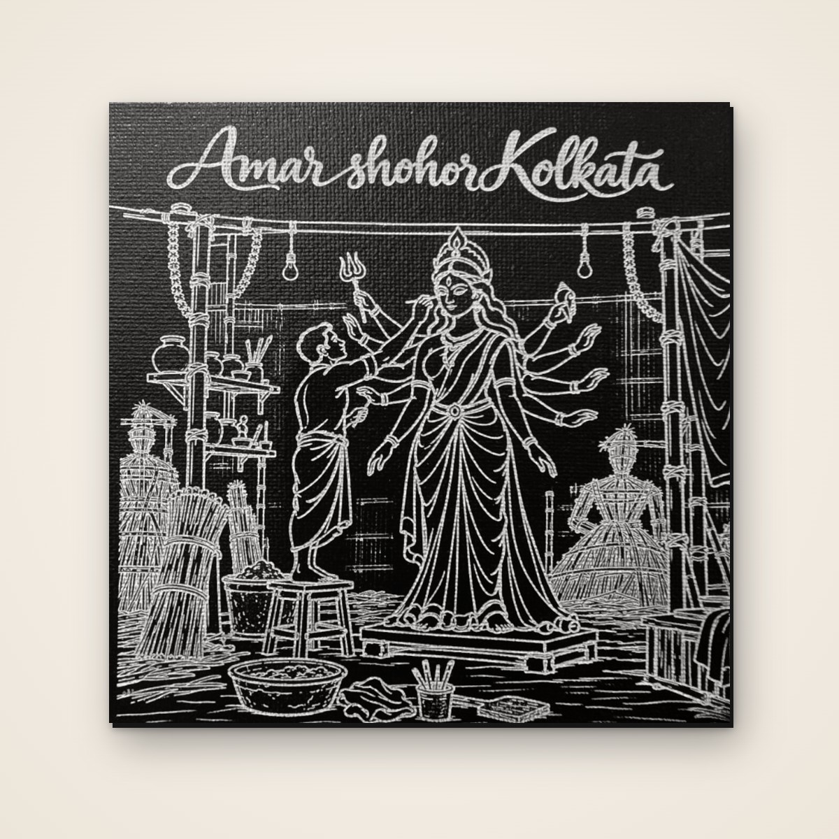 Amar Shohor Kolkata - Durga Pooja – 5x5 inch black engraved art canvas by YldKat Studios