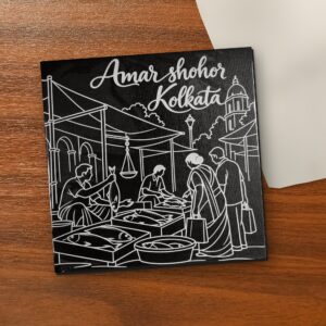 Amar Shohor Kolkata – Fish Market 8x8 inch laser-engraved canvas on a wooden table