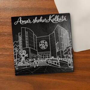 Amar Shohor Kolkata – Nandan 8x8 inch laser-engraved canvas on a wooden table