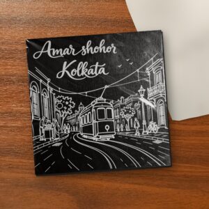 Amar Shohor Kolkata – Tram 8x8 inch laser-engraved canvas on a wooden table