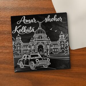 Amar Shohor Kolkata – Victoria Memorial 8x8 inch laser-engraved canvas on a wooden table