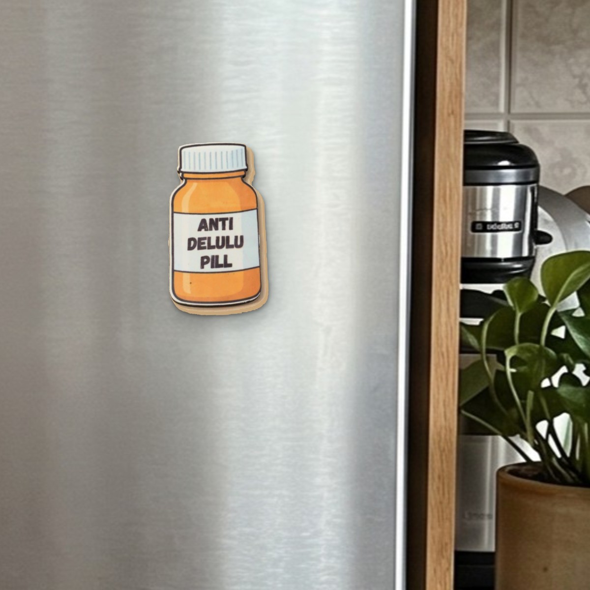 Anti-Delulu Pill fridge magnet on a stainless steel fridge door