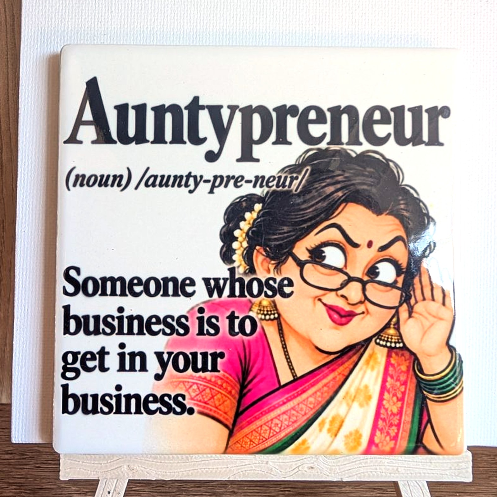 Auntypreneur ceramic coaster by Ayantika Sen, YldKat Studios