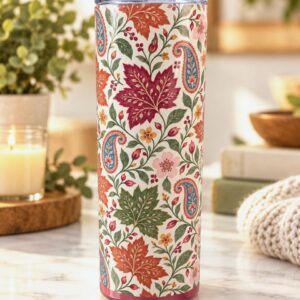 Autumn Paisley Garden 20 oz tumbler with paisley and fall leaf print