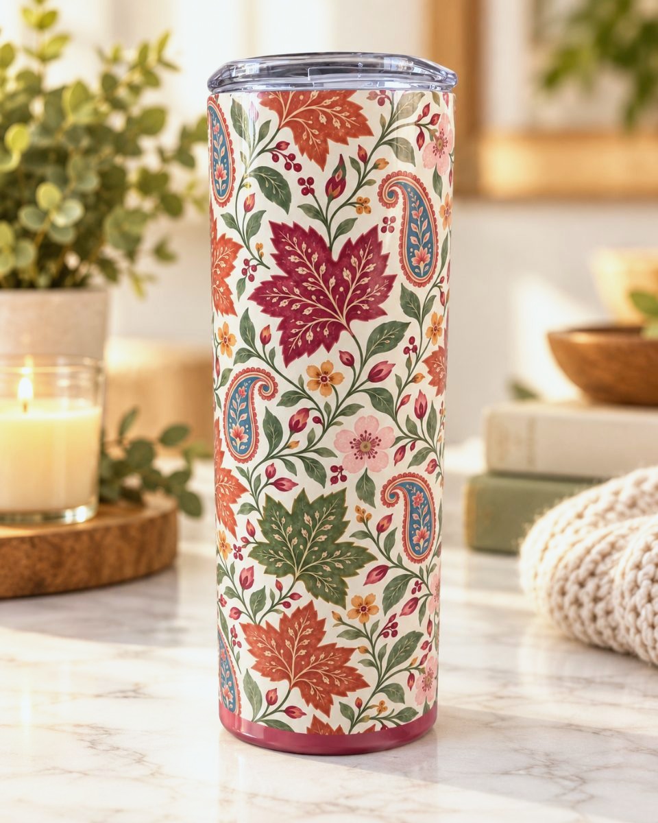 Autumn Paisley Garden 20 oz tumbler with paisley and fall leaf print
