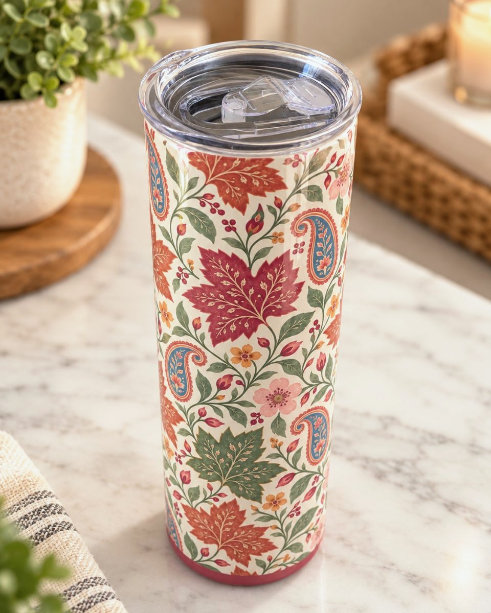 Autumn Paisley Garden 20 oz tumbler with paisley and fall leaf print, another angle