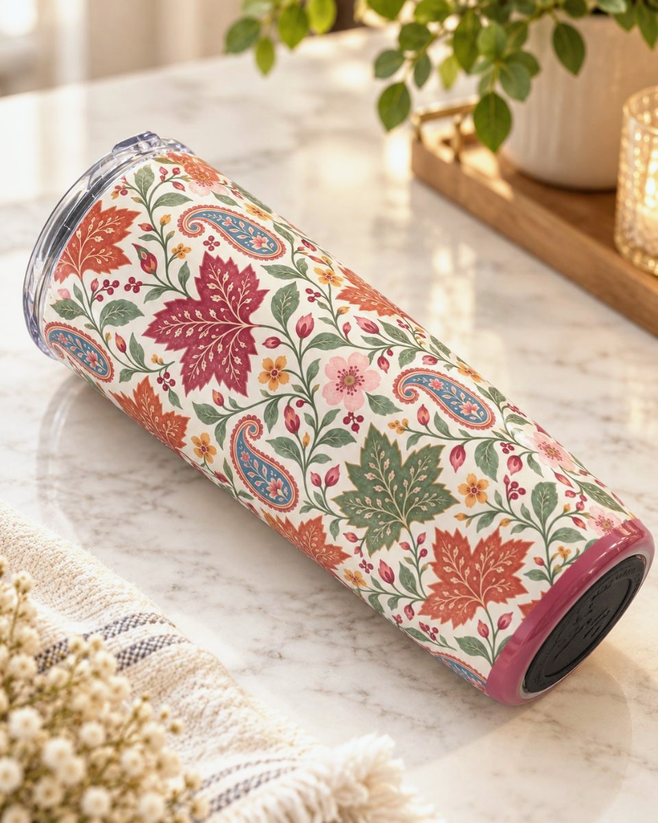 Autumn Paisley Garden 20 oz tumbler with paisley and fall leaf print, detail view