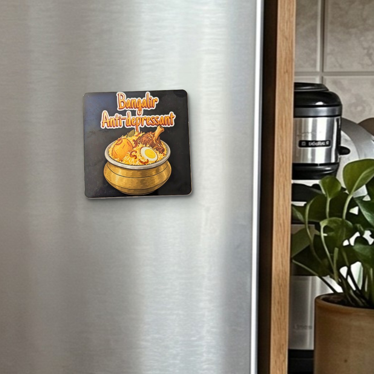 Bangalir Anti-Depressant fridge magnet on a stainless steel fridge door