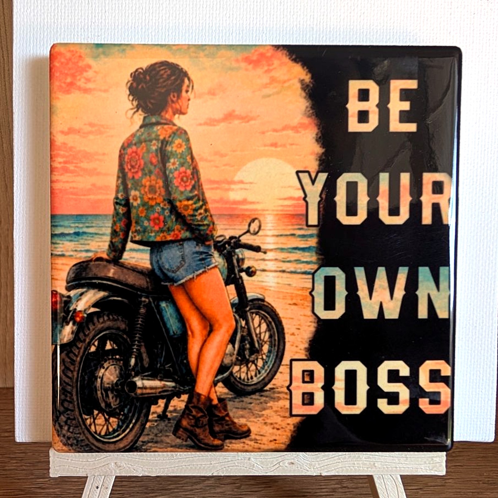 Be Your Own Boss ceramic coaster by Ayantika Sen, YldKat Studios