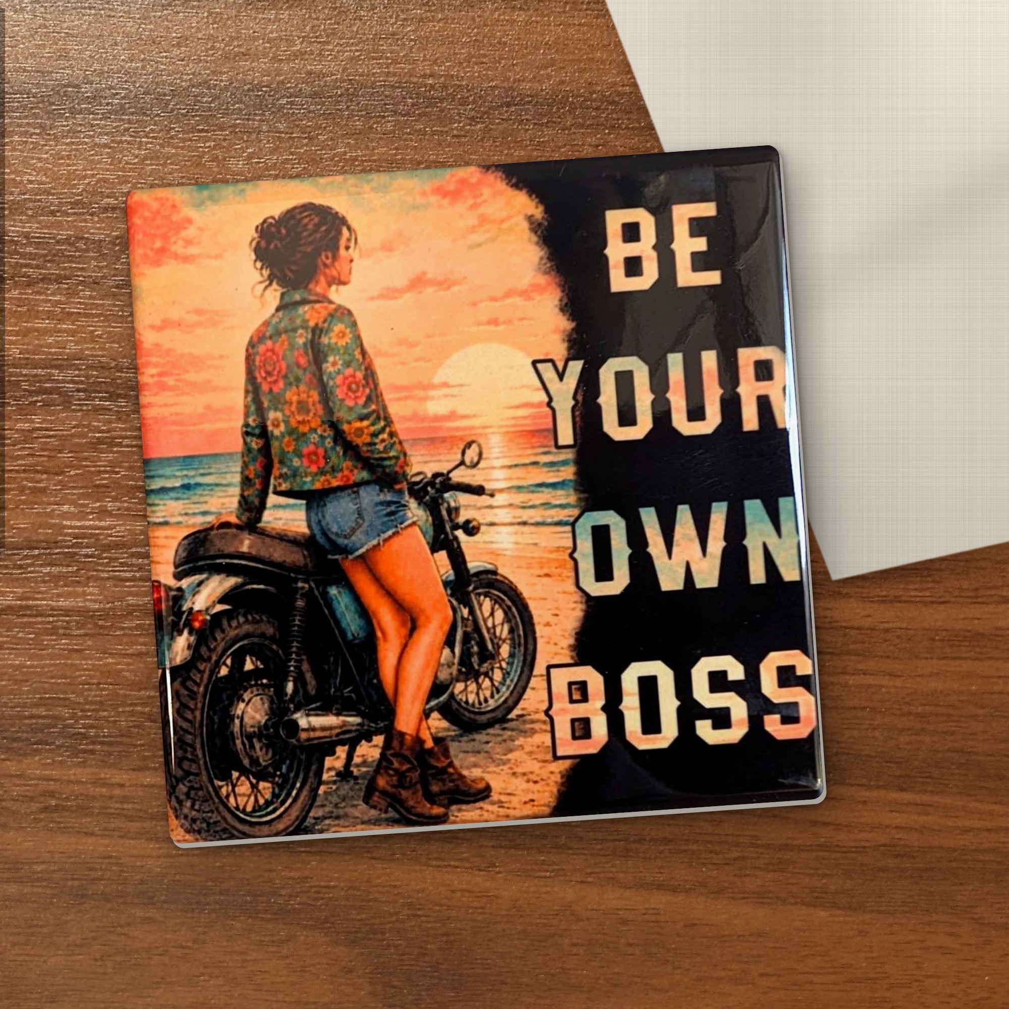 Be Your Own Boss coaster on a wooden table