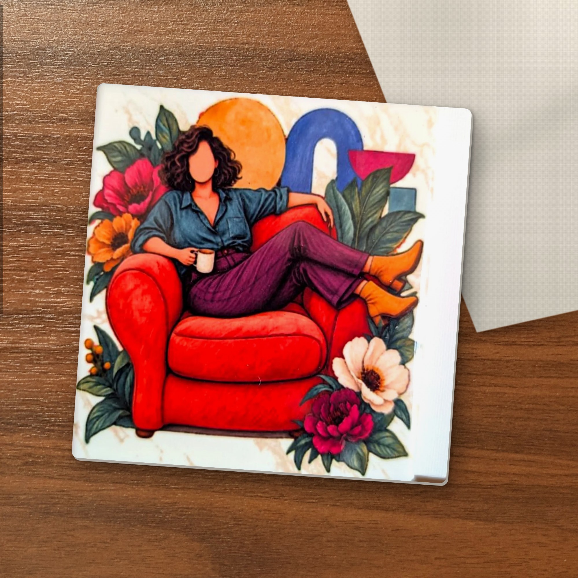 Boss Lady coaster on a wooden table