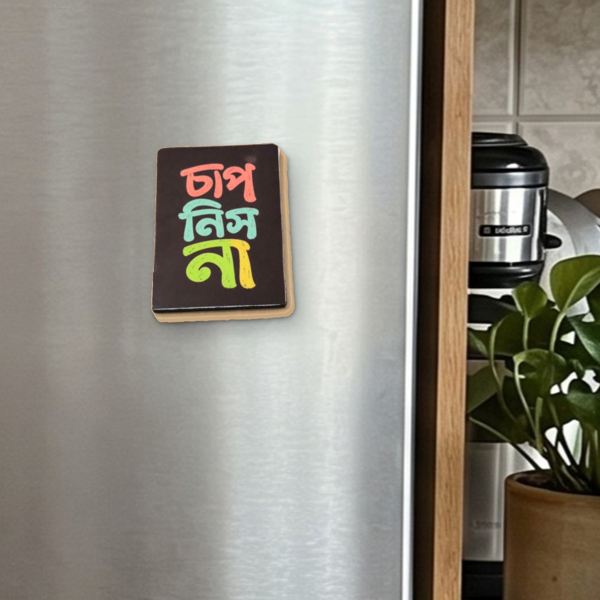 Chap Nish Naa fridge magnet on a stainless steel fridge door