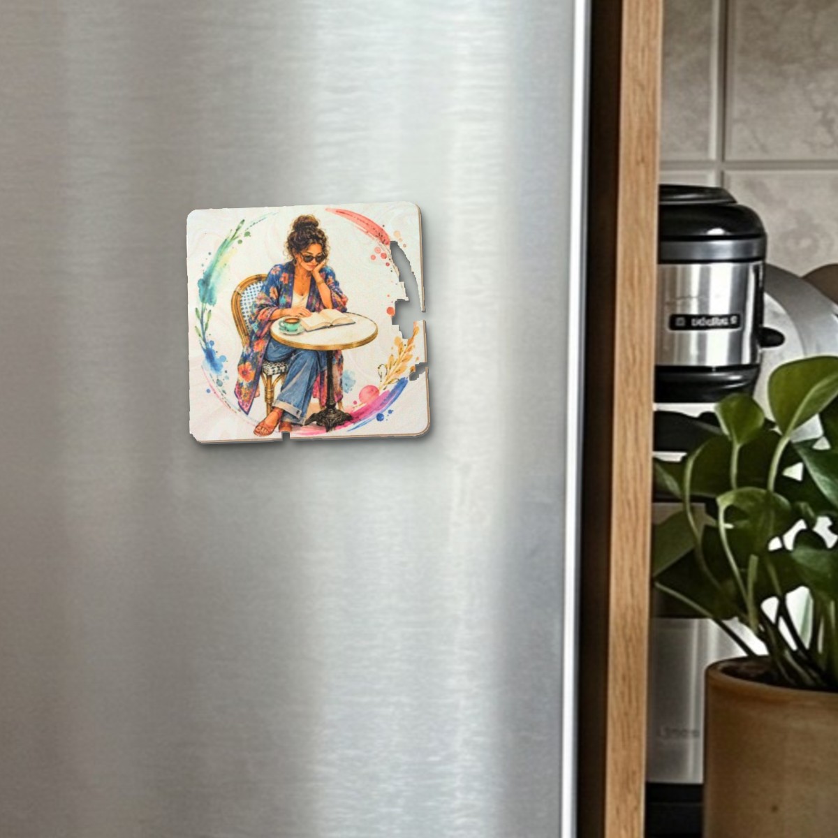Coffee & Chapters fridge magnet on a stainless steel fridge door