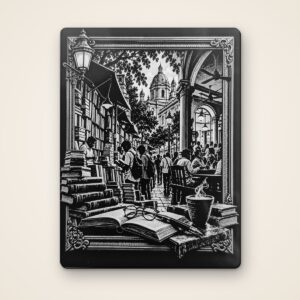 College Street 4x3 inch black acrylic fridge magnet, laser-engraved Kolkata art