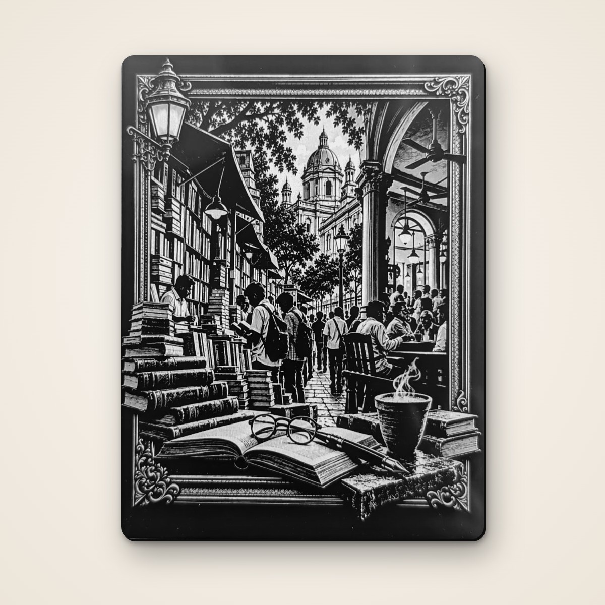 College Street 4x3 inch black acrylic fridge magnet, laser-engraved Kolkata art