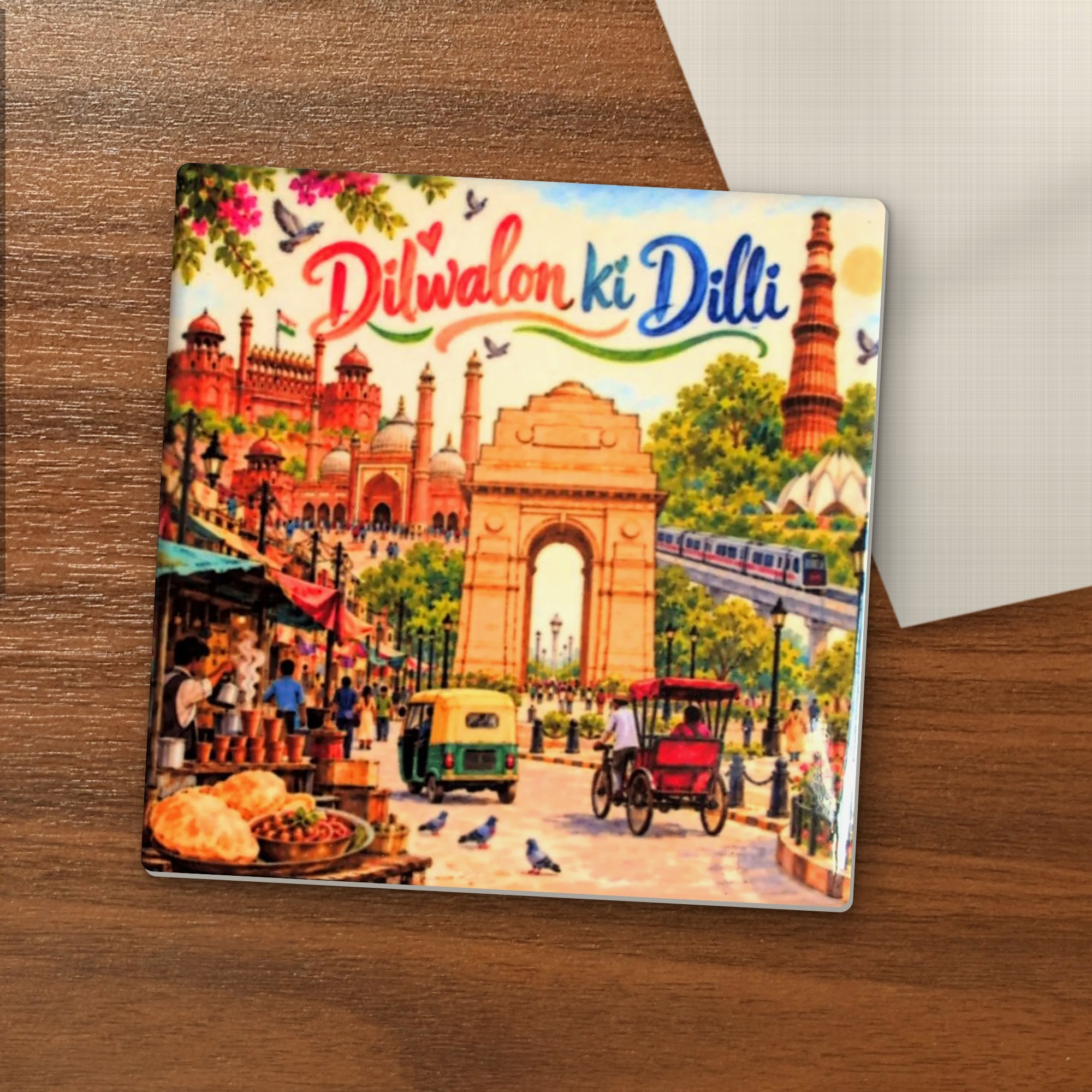 Dilwalon Ki Dilli coaster on a wooden table