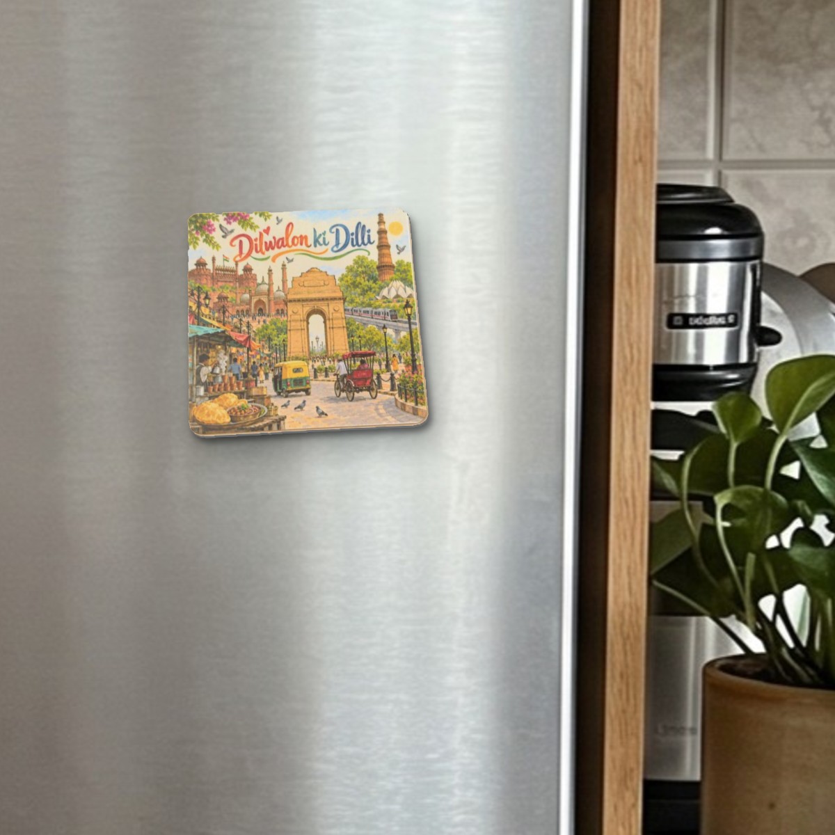 Dilwalon Ki Dilli fridge magnet on a stainless steel fridge door