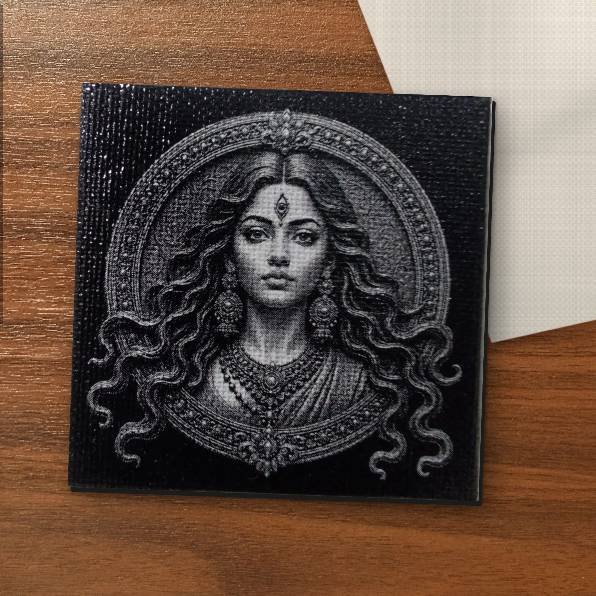 Durga Front Face - Modern canvas on a wooden table