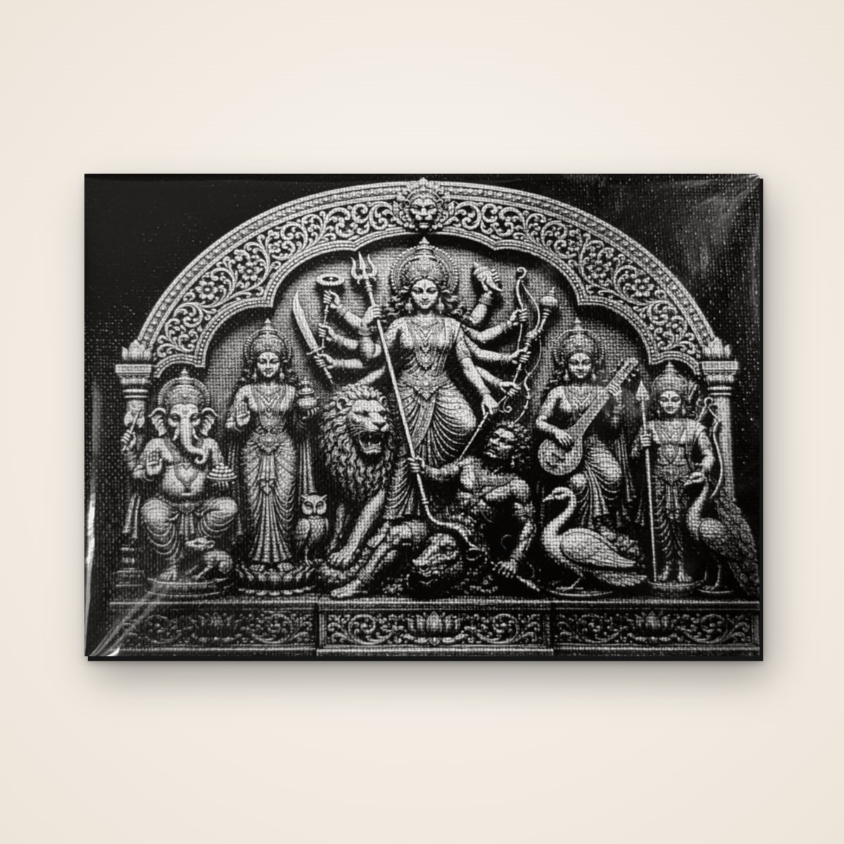 Ek Chala Durga black & white 5x7 inch laser-engraved canvas, front view