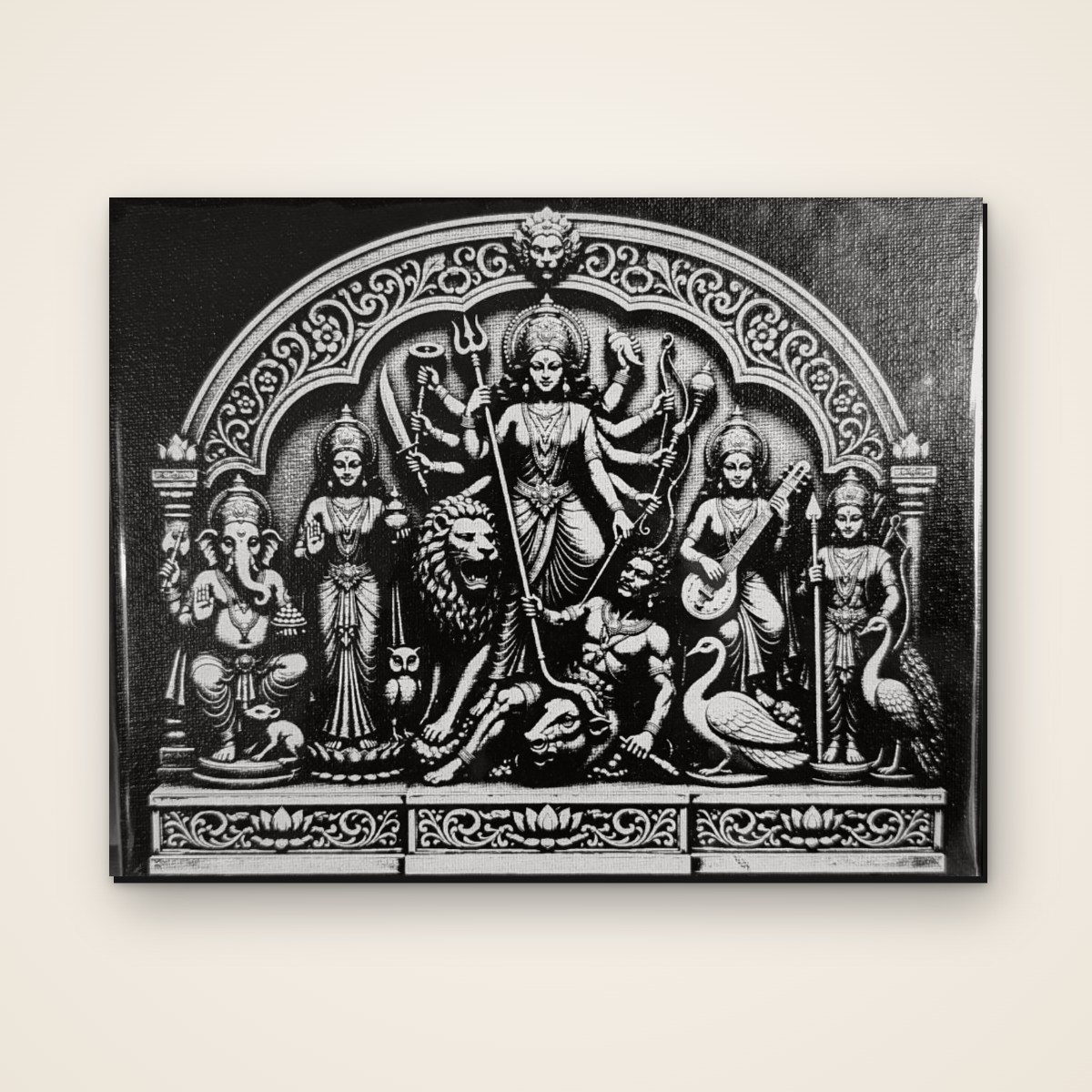 Ek Chala Durga black & white 7x9 inch laser-engraved canvas, front view