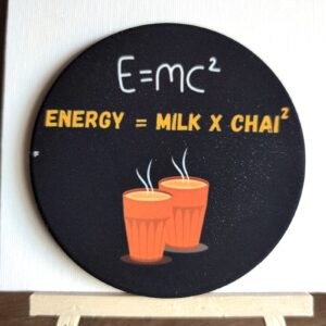 E=MC² (Energy = Milk × Chai²) ceramic coaster by Ayantika Sen, YldKat Studios