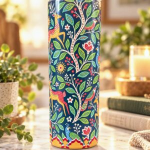 Enchanted Folk Forest 20 oz tumbler with folk art deer, birds and vines