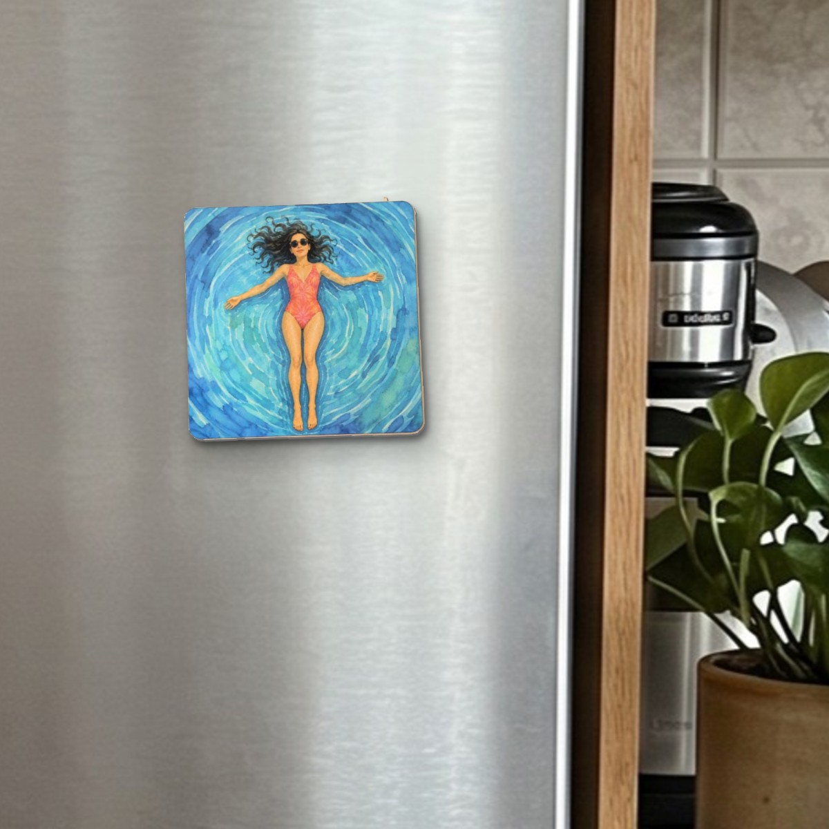 Flow in Your Rhythm fridge magnet on a stainless steel fridge door
