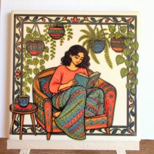 Girl Reading – Madhubani Style ceramic coaster by Ayantika Sen, YldKat Studios