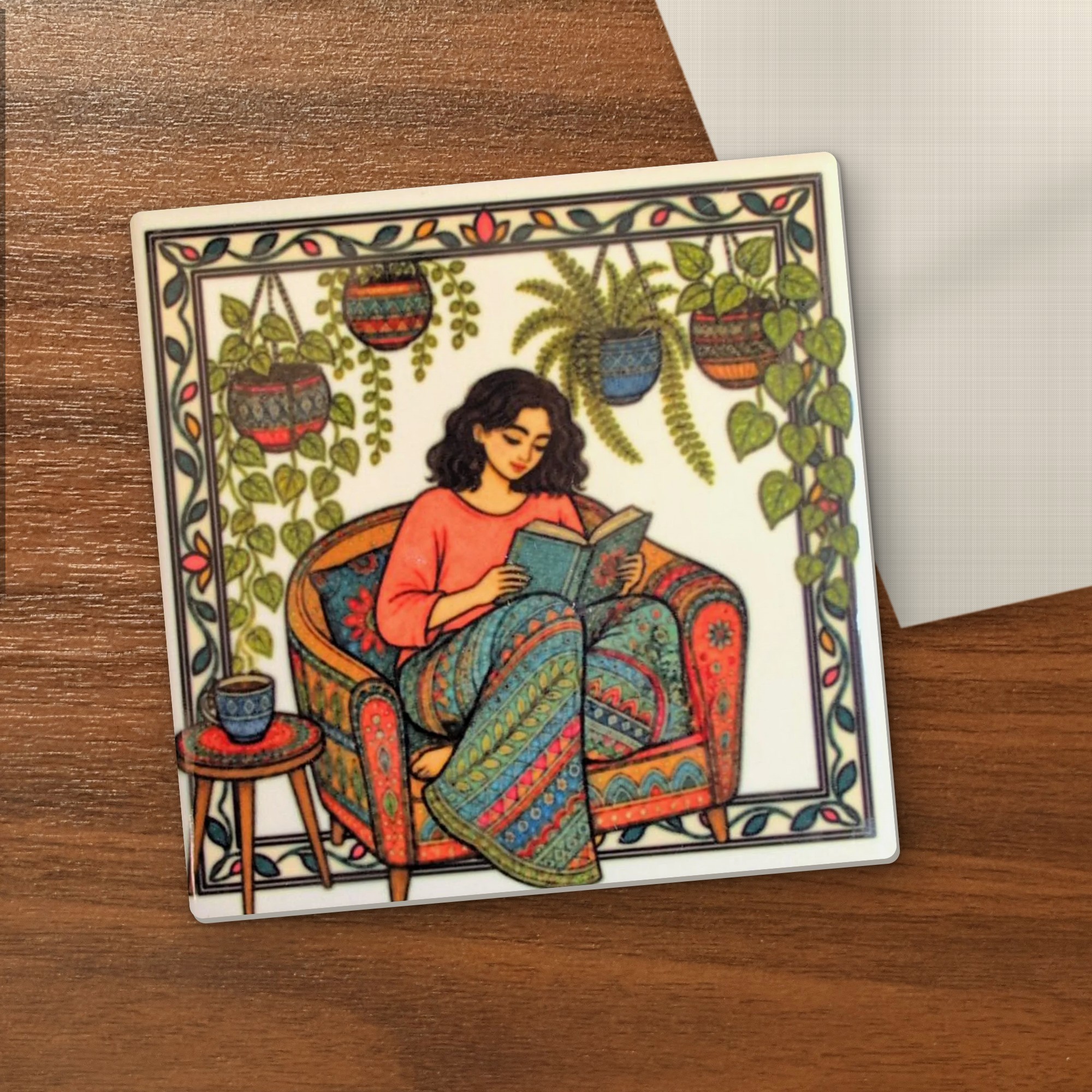 Girl Reading – Madhubani Style coaster on a wooden table
