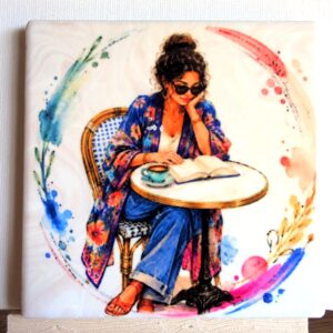 Coffee & Chapters ceramic coaster by Ayantika Sen, YldKat Studios