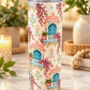Jaipur Balcony Garden 20 oz tumbler with pastel haveli and bougainvillea art