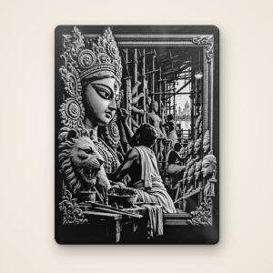 Kumartuli 4x3 inch black acrylic fridge magnet, laser-engraved Kolkata art