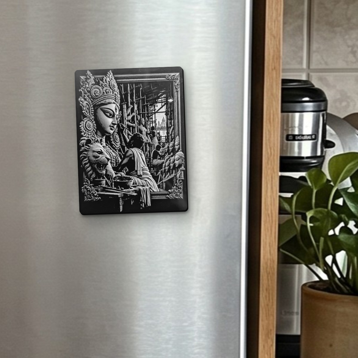Kumartuli black acrylic engraved magnet on a stainless steel fridge door